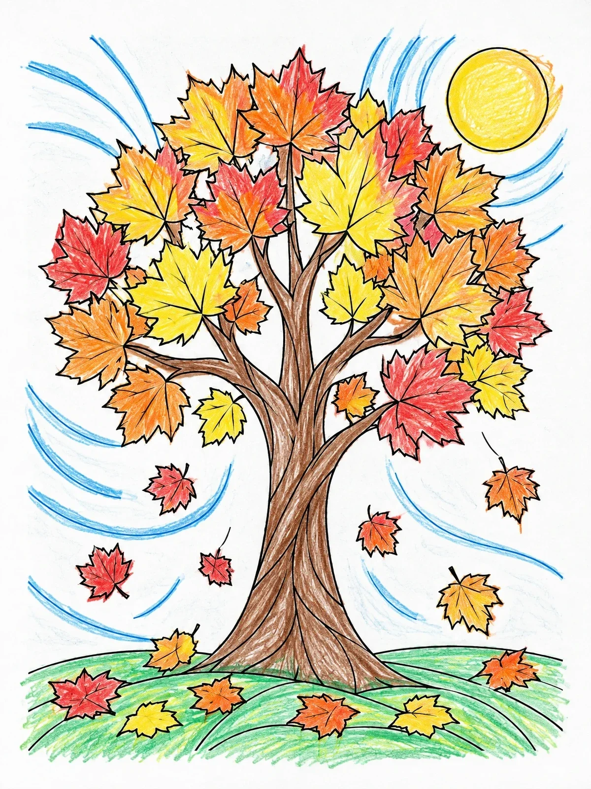 Colored example of the Windy Maple Autumn Tree coloring page