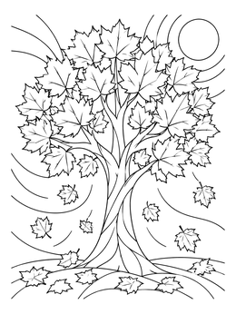 Swirling leaves surround a sturdy tree in this detailed fall tree coloring page.
