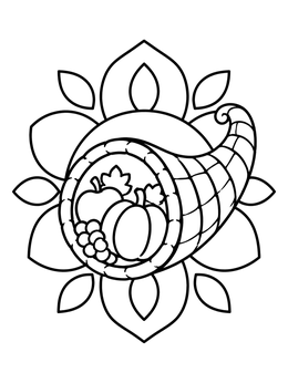 Free printable Harvest Cornucopia With Autumn Leaves coloring page