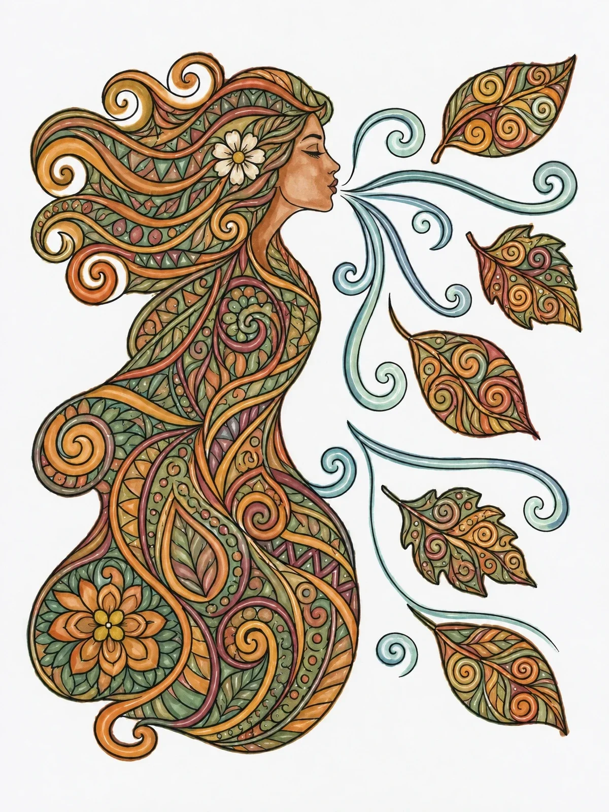 Colored example of the Mother Nature Autumn Wind Zentangle coloring page