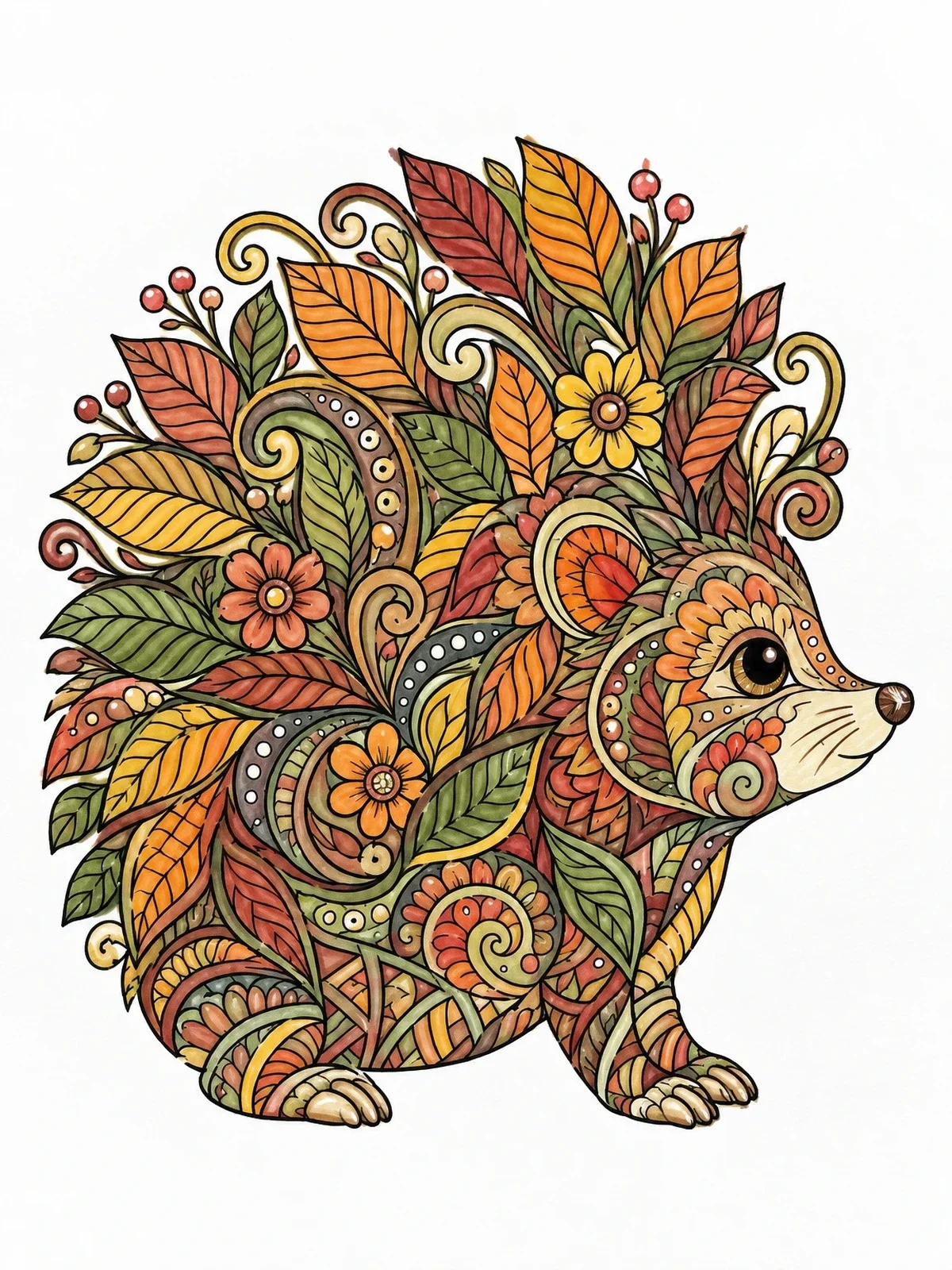 Colored example of the Detailed Autumn Zentangle Hedgehog coloring page