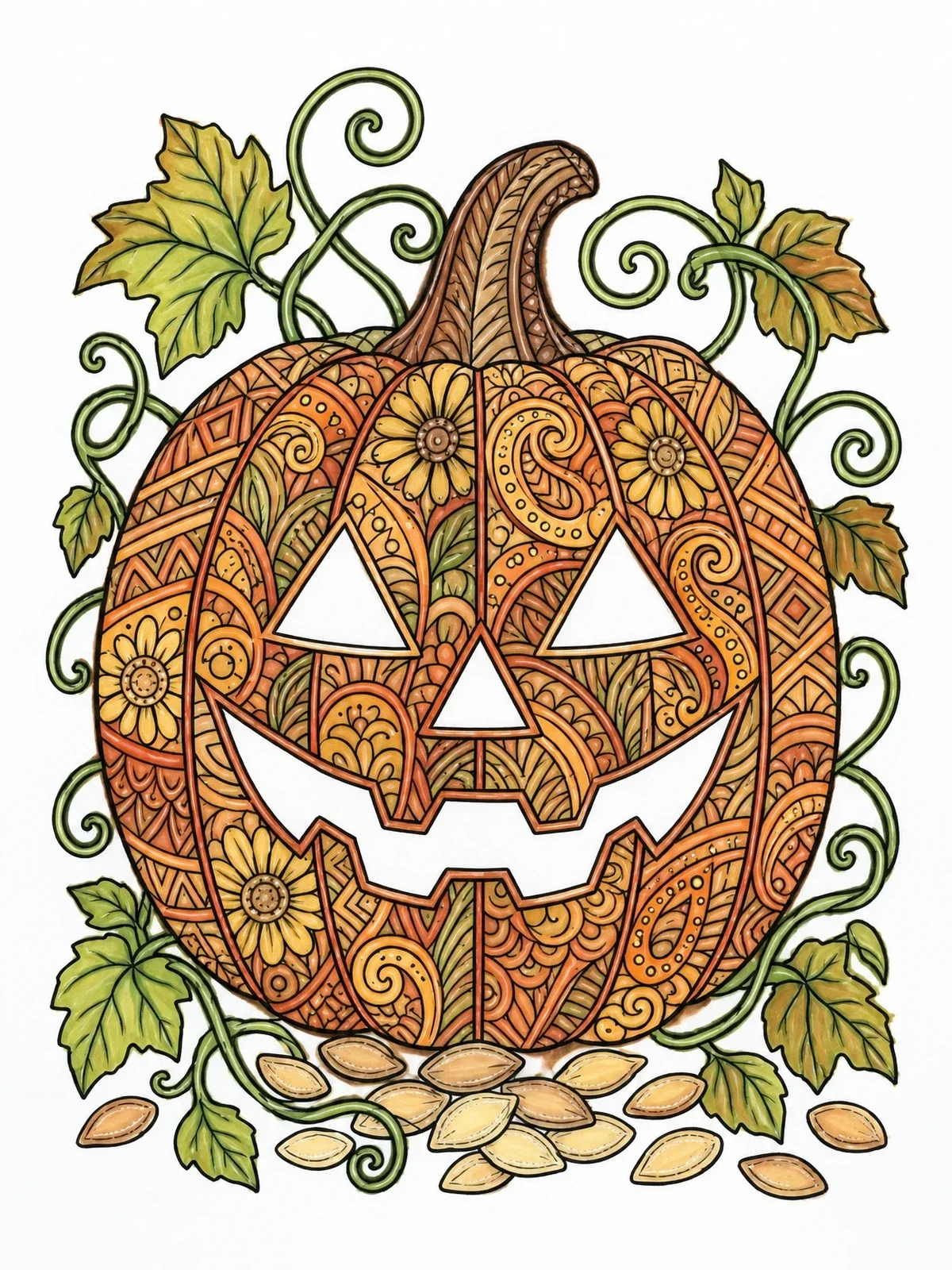 Colored example of the Detailed Zentangle Jack O Lantern coloring page