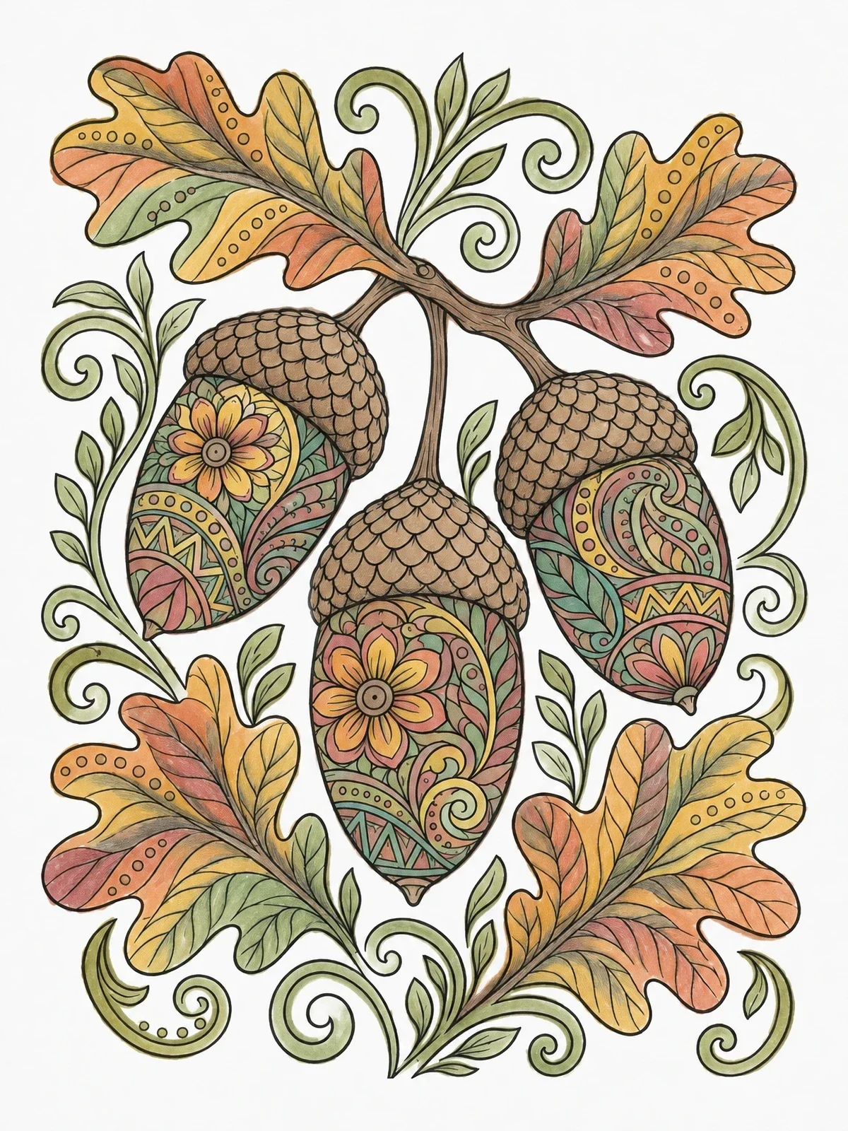 Colored example of the Intricate Acorns On Oak Branch coloring page
