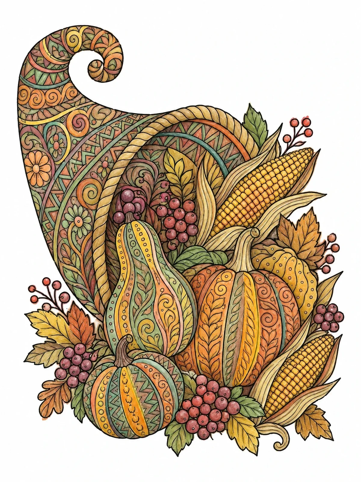 Colored example of the Intricate Autumn Cornucopia Harvest coloring page