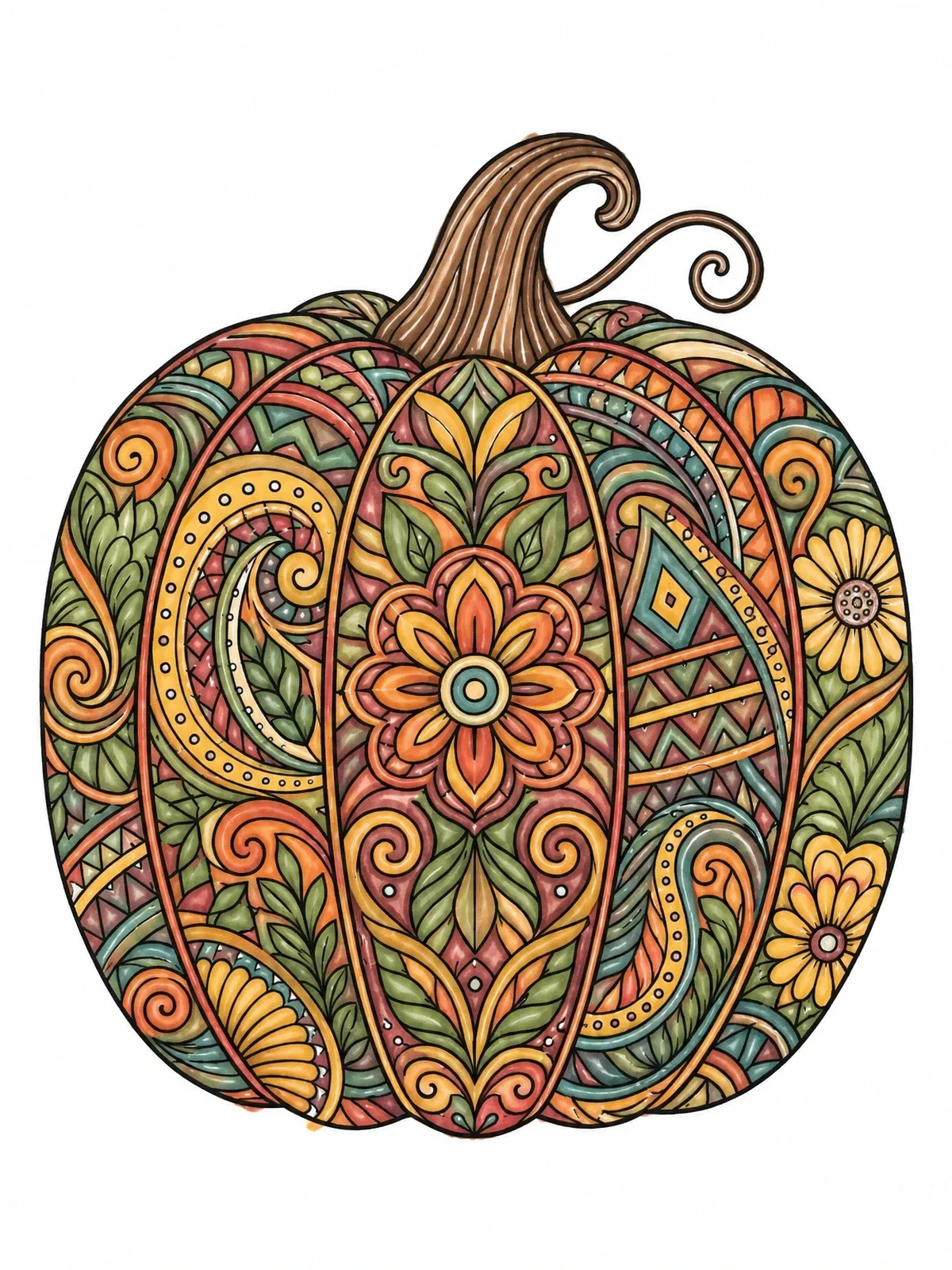 Colored example of the Intricate Mandala Pattern Pumpkin coloring page