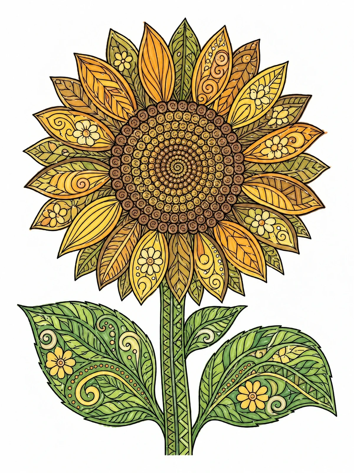 Colored example of the Intricate Mandala Sunflower In Bloom coloring page