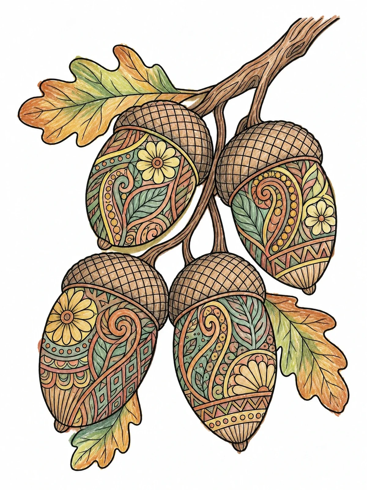 Colored example of the Intricate Zentangle Acorns On Oak Branch coloring page