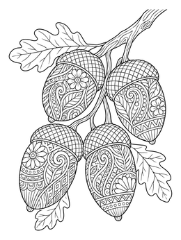 Free printable Intricate Zentangle Acorns On Oak Branch coloring page