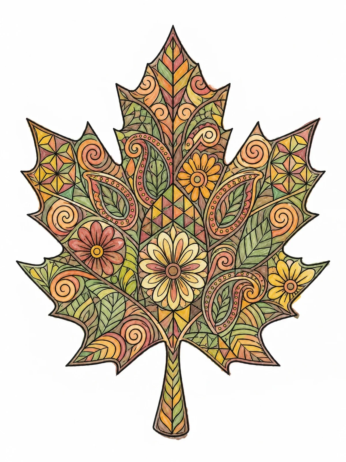 Colored example of the Intricate Zentangle Maple Leaf coloring page