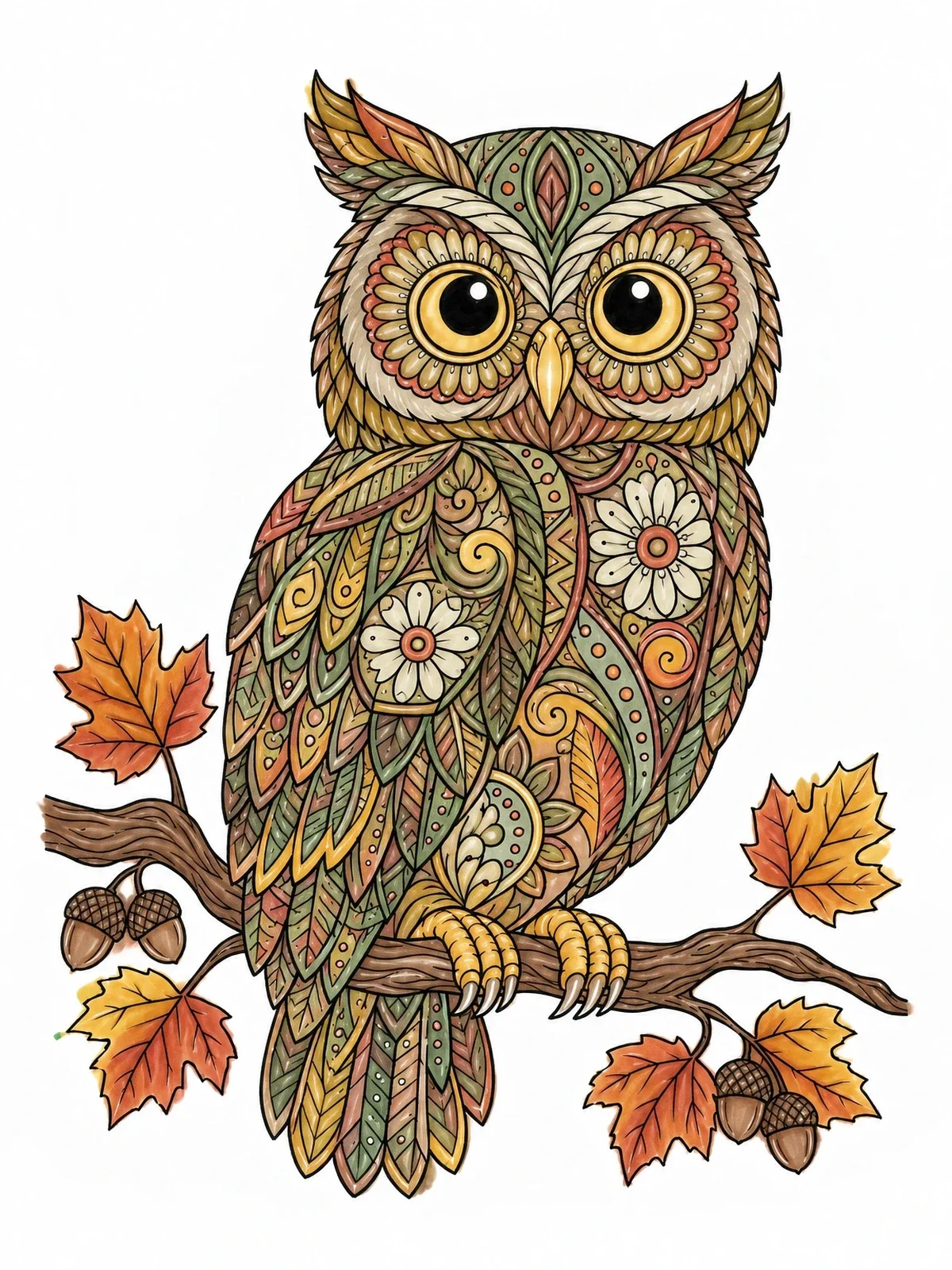 Colored example of the Intricate Zentangle Owl On Autumn Branch coloring page