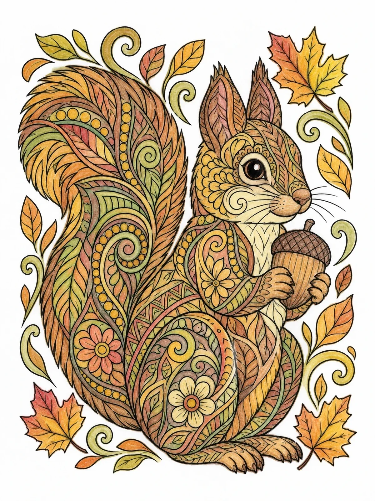 Colored example of the Ornate Autumn Squirrel With Acorn coloring page