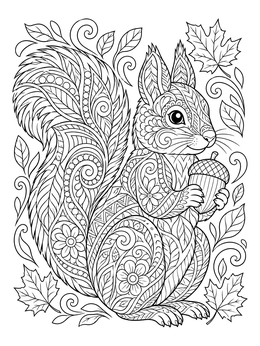 Free printable Ornate Autumn Squirrel With Acorn coloring page