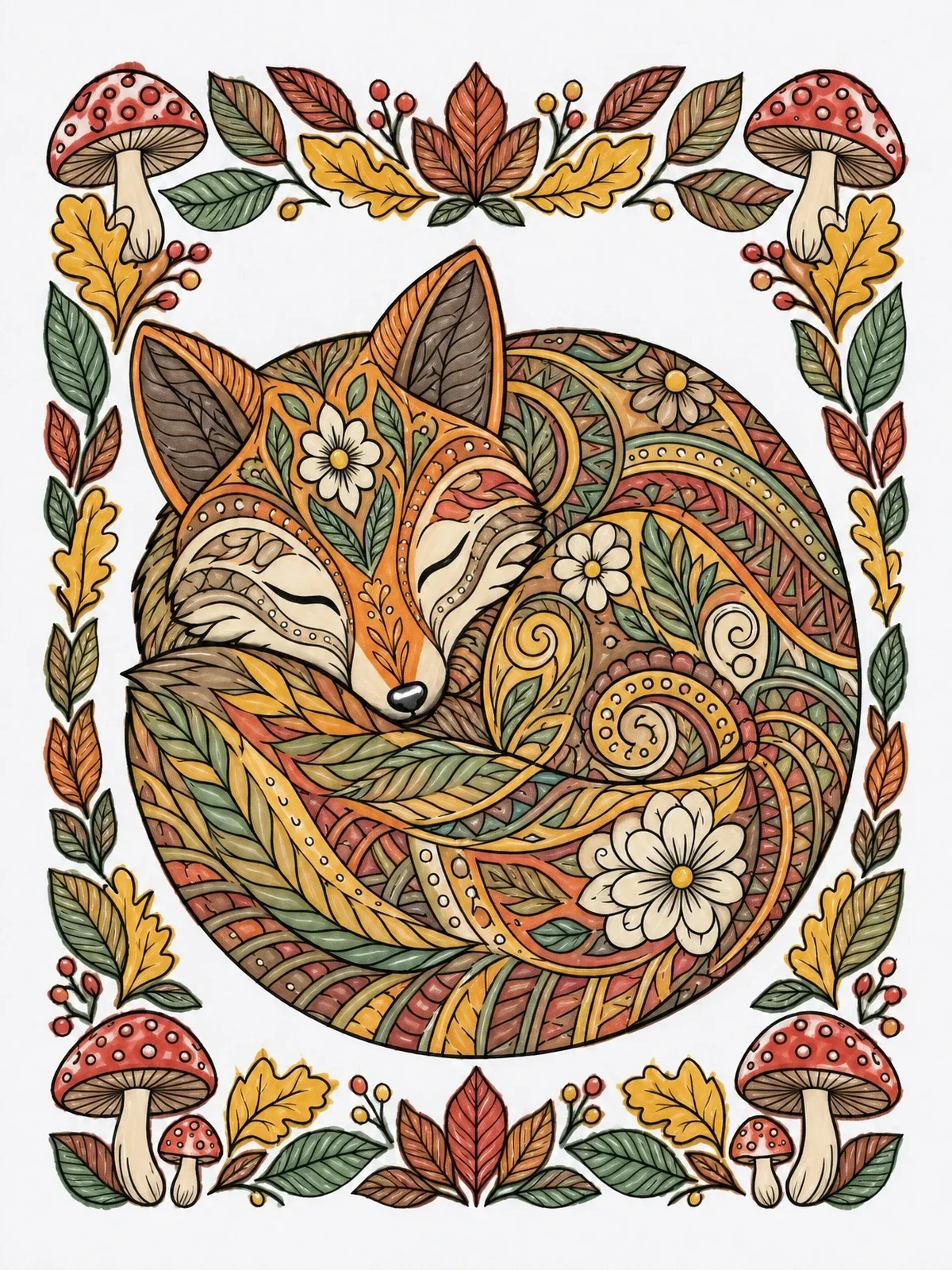 Colored example of the Sleeping Zentangle Fox In Autumn Forest coloring page