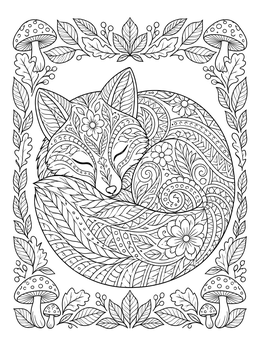 Free printable Sleeping Zentangle Fox In Autumn Forest coloring page