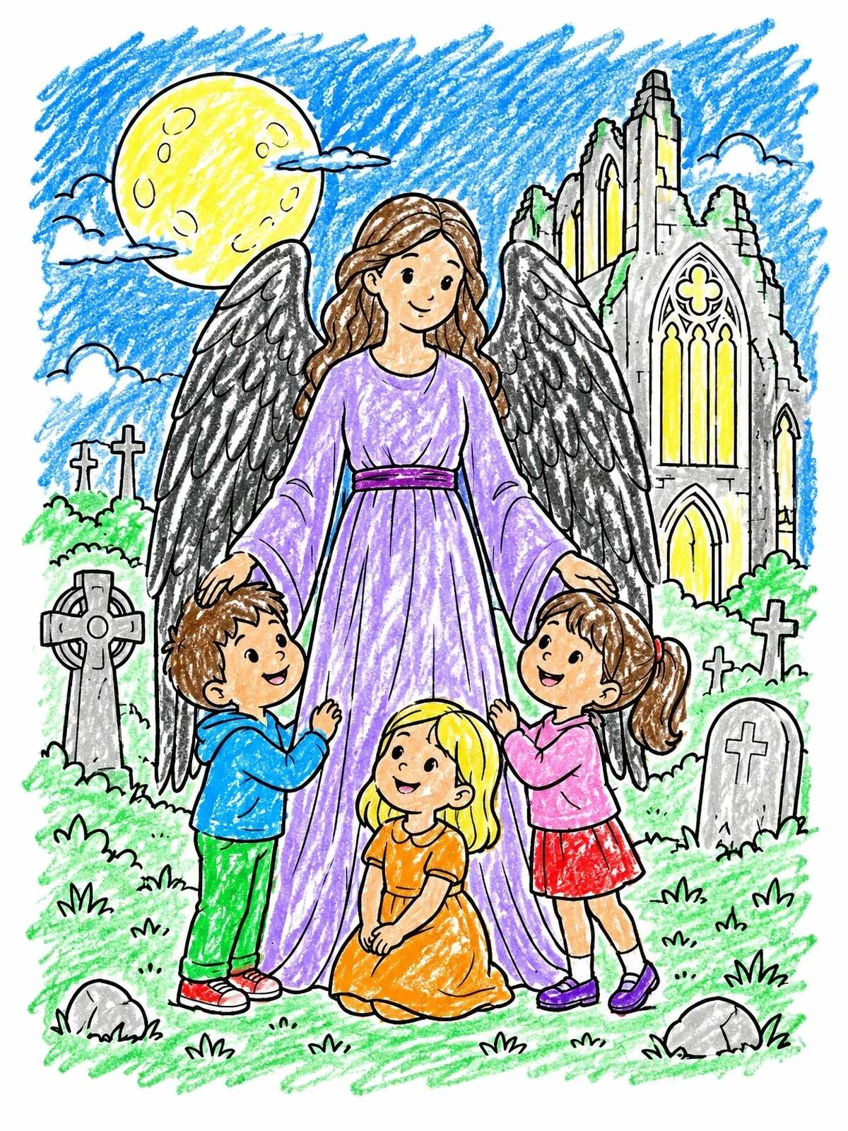 Colored example of the Guardian Angel With Children At Cathedral coloring page