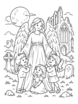 Free printable Guardian Angel With Children At Cathedral coloring page