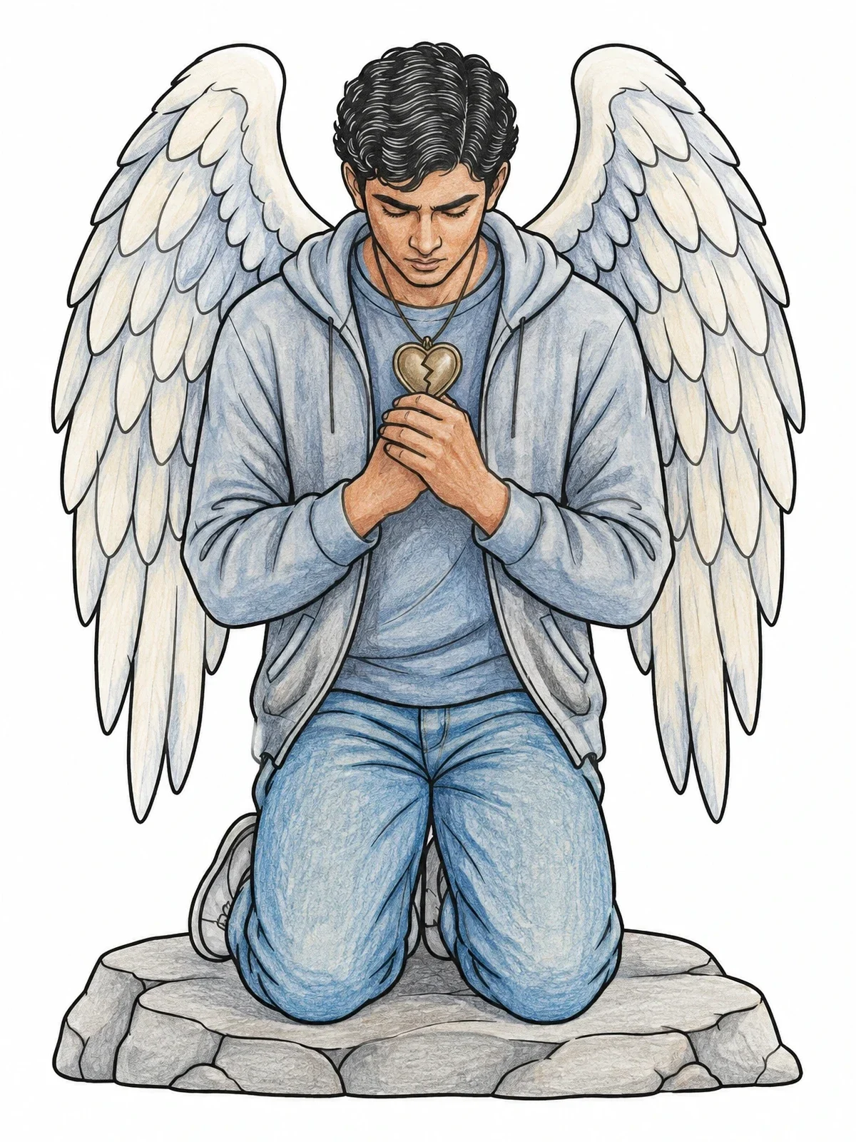 Colored example of the Kneeling Angel With Broken Heart Locket coloring page