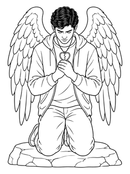 Free printable Kneeling Angel With Broken Heart Locket coloring page