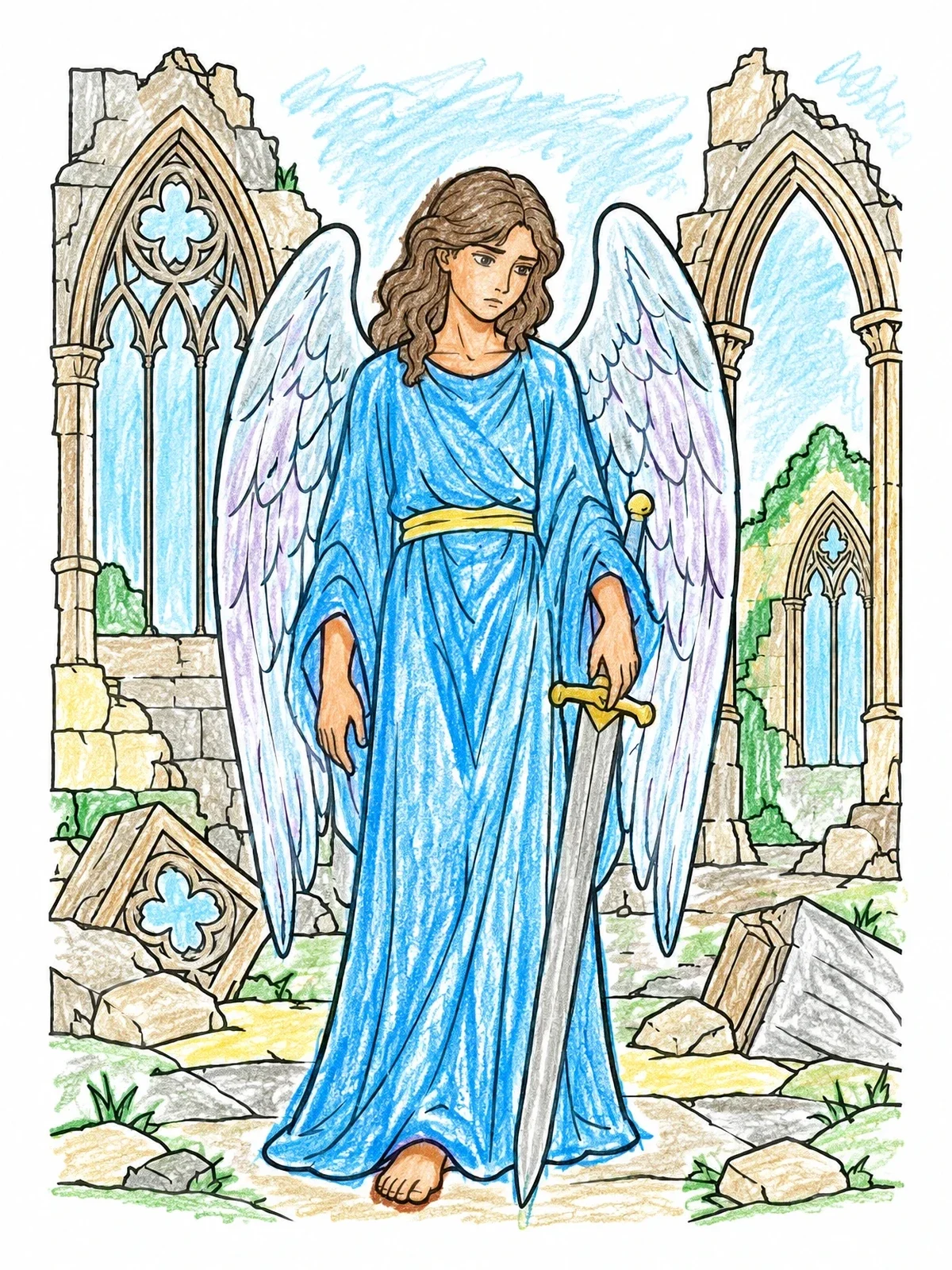 Colored example of the Fallen Angel In Ruined Cathedral coloring page