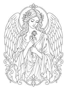 A detailed fallen angel gothic coloring page with wings and a rose.