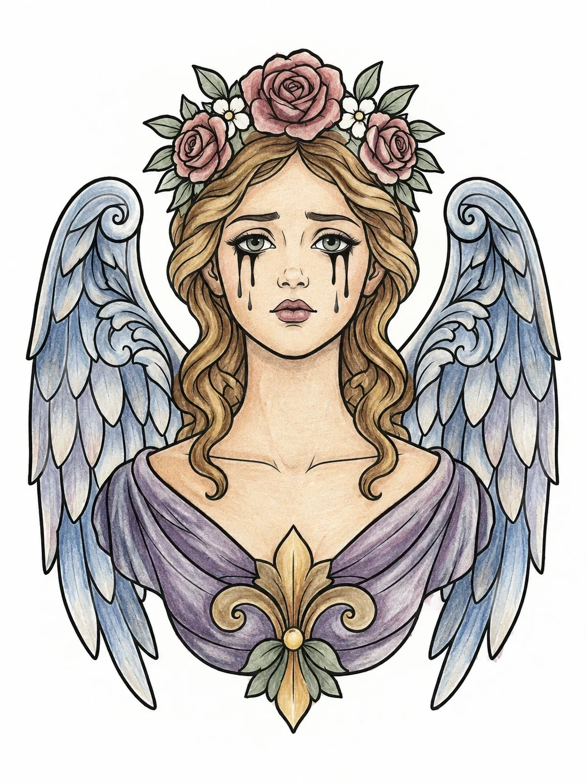 Colored example of the Sorrowful Gothic Angel With Rose Crown coloring page