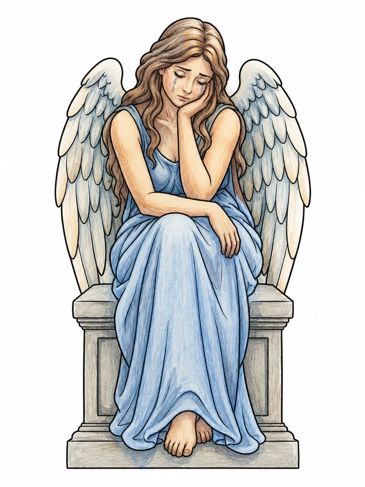 Colored example of the Sorrowful Angel On Stone Pedestal coloring page