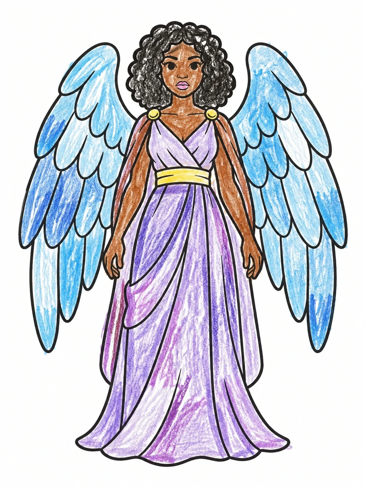 Colored example of the Standing Angel With Feathered Wings coloring page