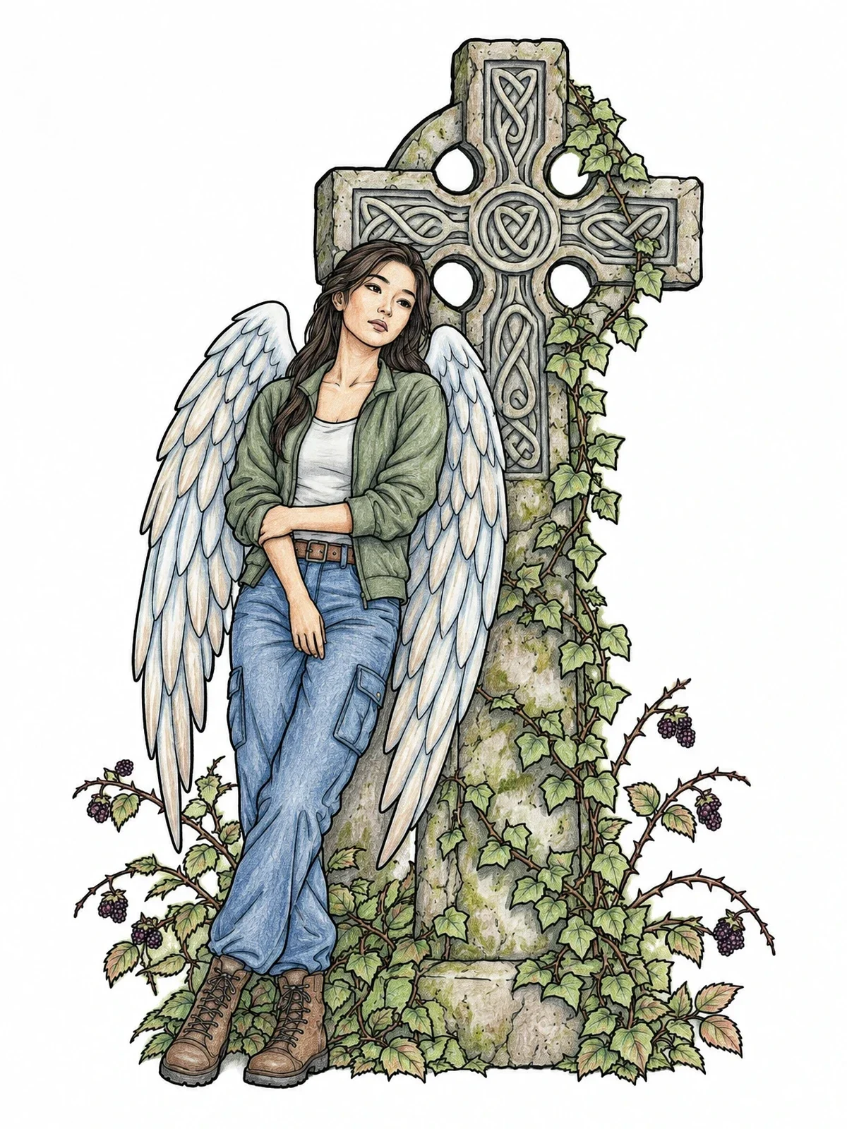Colored example of the Winged Figure Leaning On Celtic Cross coloring page