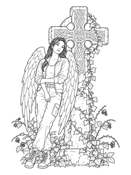 A fallen angel gothic coloring page featuring a winged girl standing beside an ivy-covered stone Celtic cross.