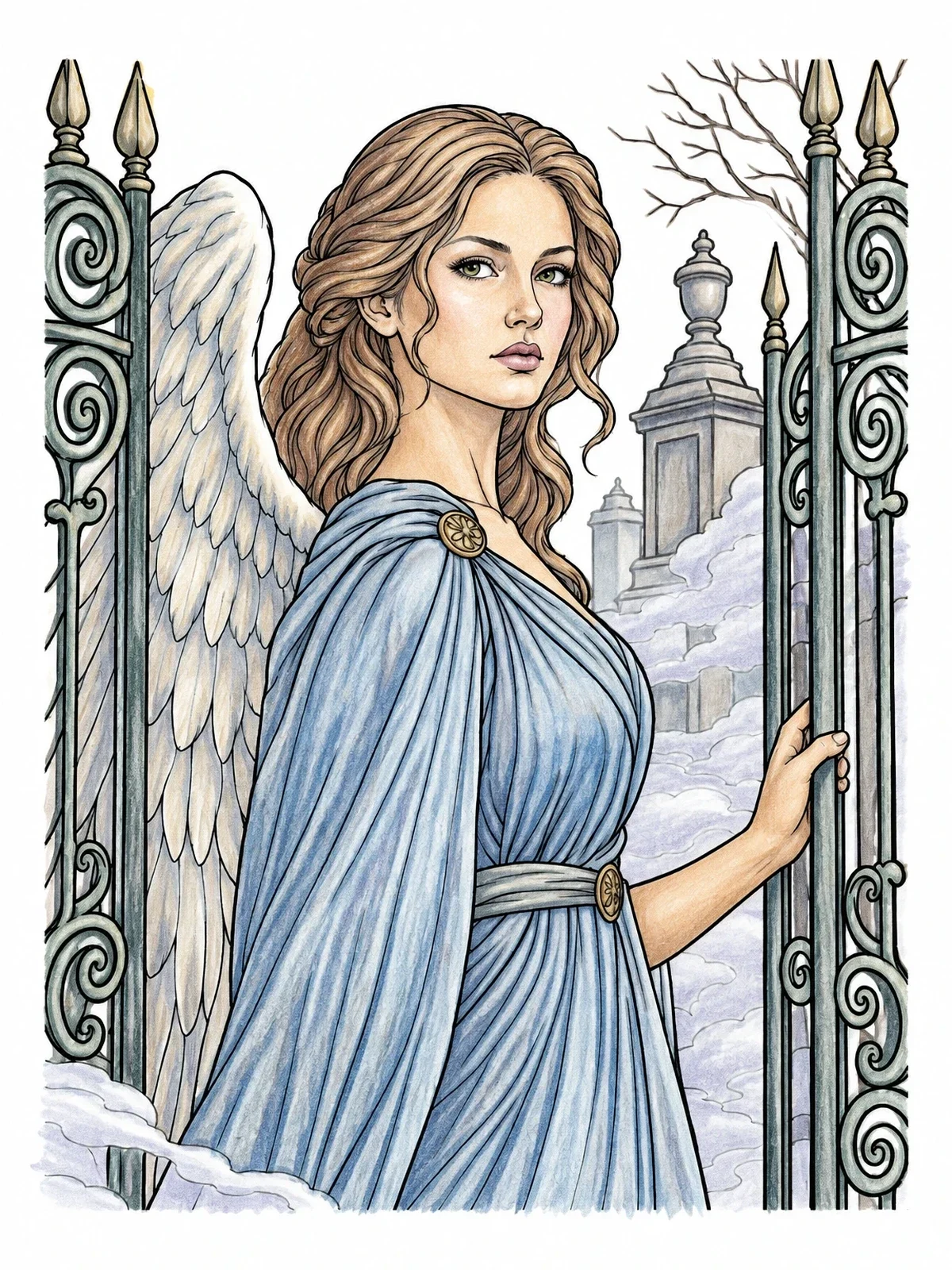 Colored example of the Winged Guardian At Cemetery Gates coloring page