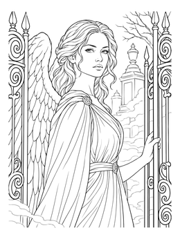 A serene winged guardian stands in this fallen angel gothic coloring page beside iron cemetery gates.