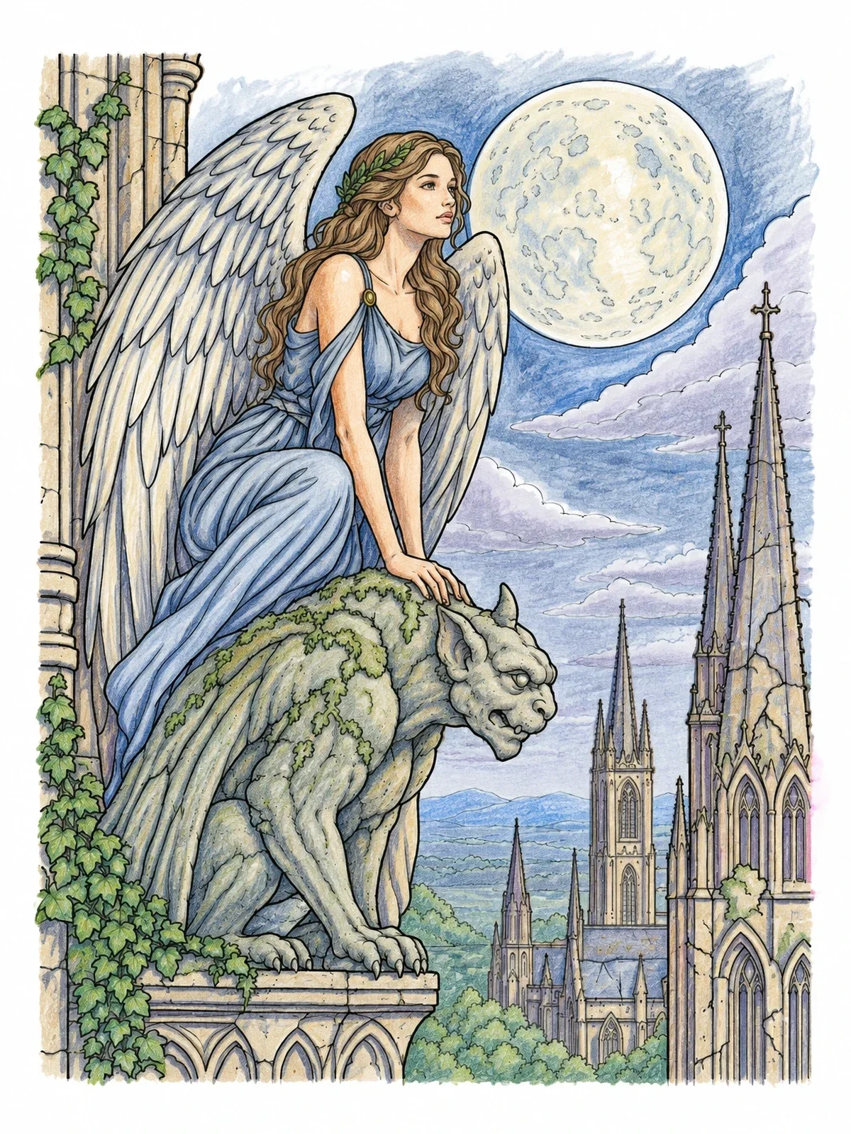 Colored example of the Fallen Angel Perched On Gargoyle coloring page