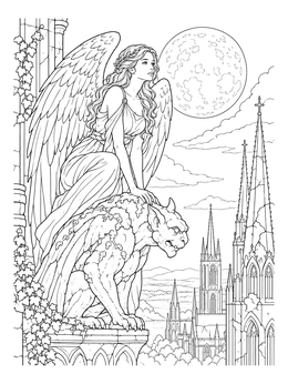 A serene winged figure rests on a stone gargoyle in this fallen angel gothic coloring page under a moon.