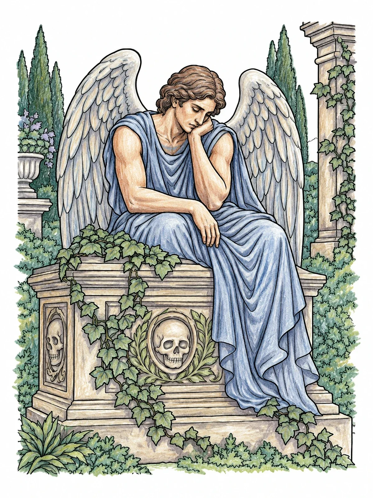 Colored example of the Fallen Angel Resting On Stone Tomb coloring page