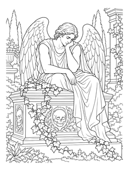 A pensive winged angel sitting on a carved tomb in this fallen angel gothic coloring page.