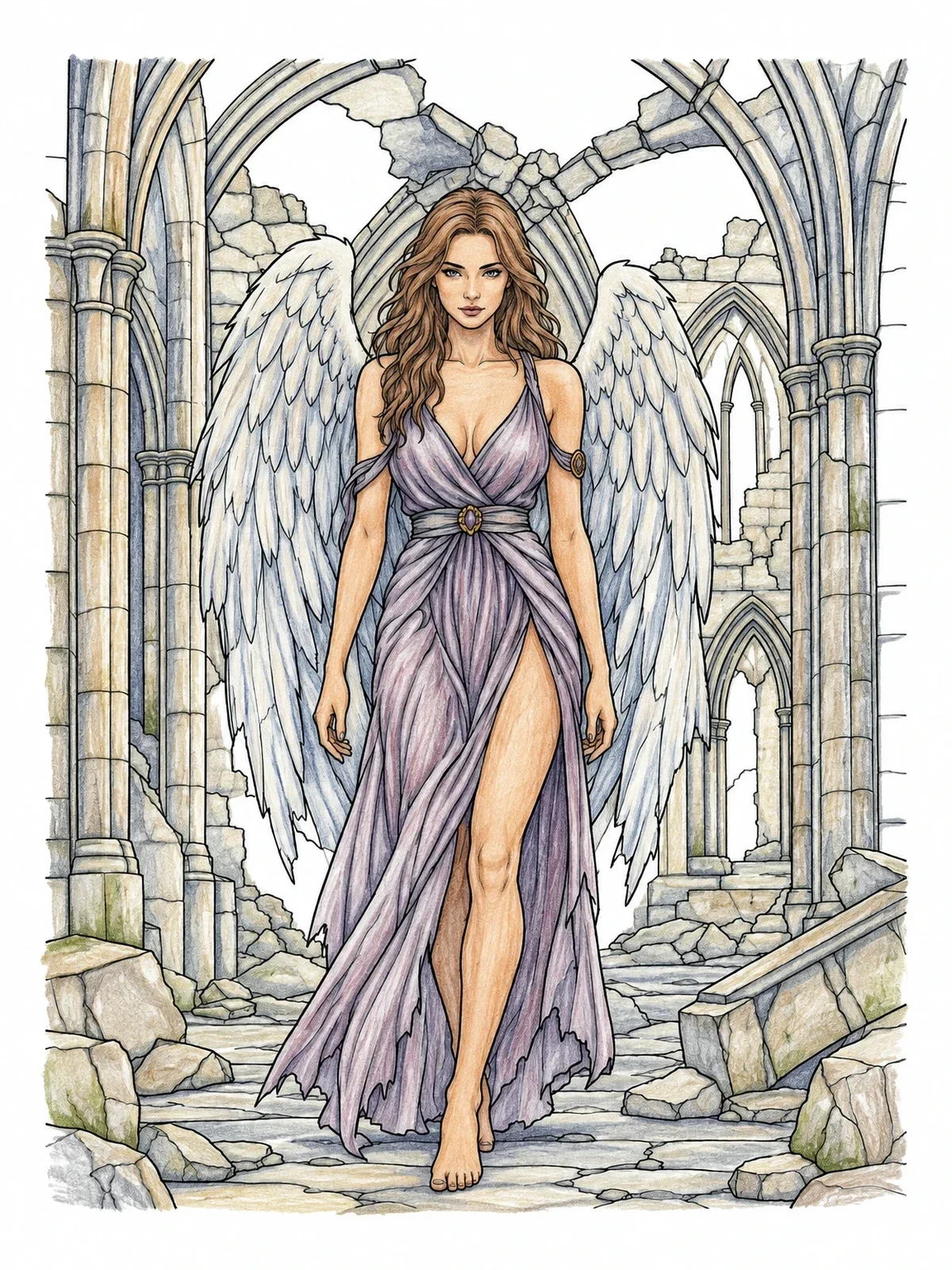 Colored example of the Fallen Angel In Ruined Gothic Abbey coloring page