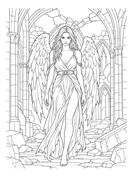 A fallen angel gothic coloring page featuring a winged woman walking through ruined stone arches.