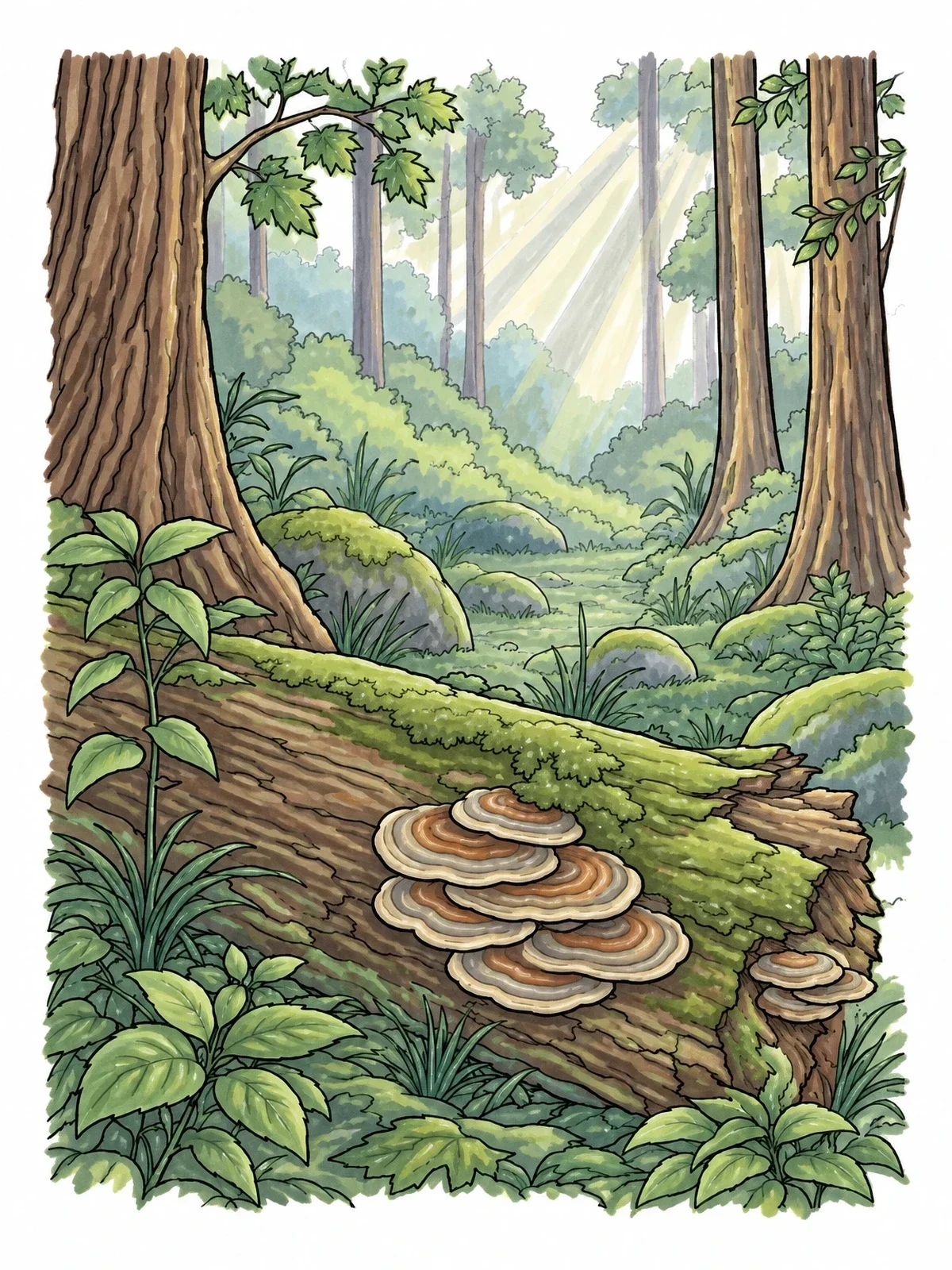Colored example of the Fallen Log In Forest Glade coloring page