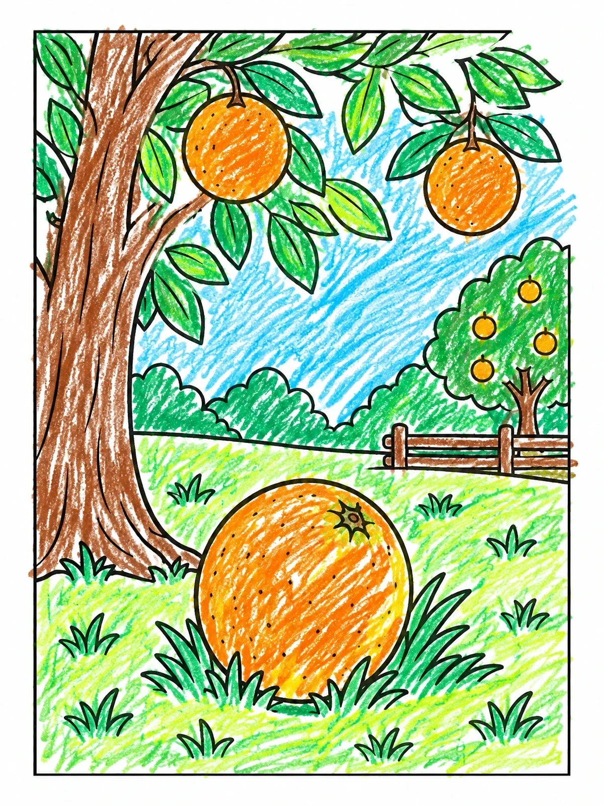 Colored example of the Fallen Orange In The Orchard coloring page