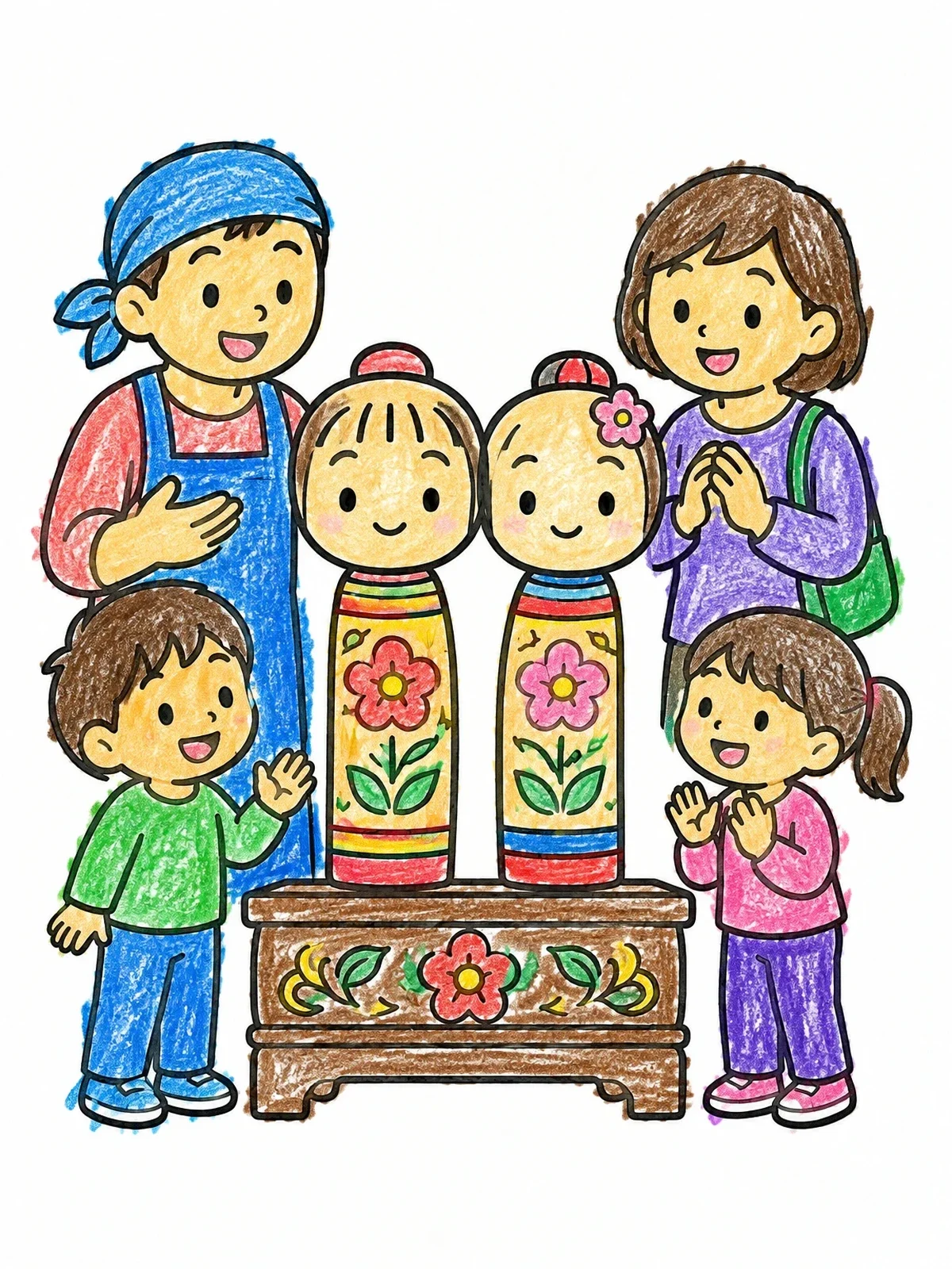 Colored example of the Family Admiring Handcrafted Kokeshi Dolls coloring page