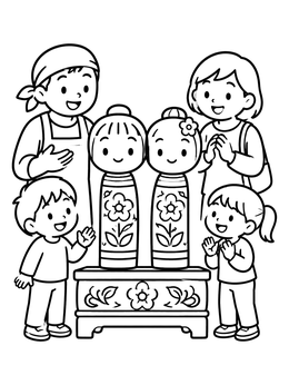 Free printable Family Admiring Handcrafted Kokeshi Dolls coloring page