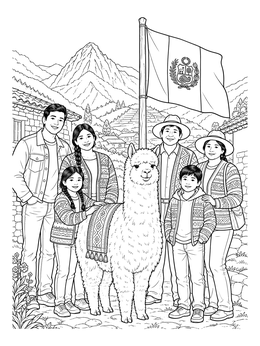 A smiling family poses with an alpaca in front of the flag on this peru coloring page.