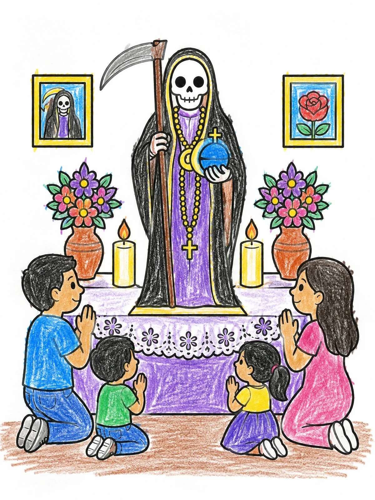 Colored example of the Family Altar To Santa Muerte coloring page
