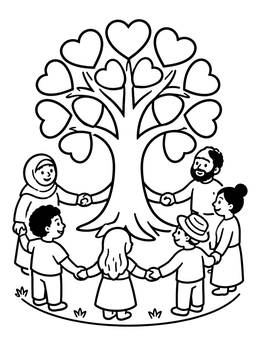 A family holding hands around a tree of life coloring page with heart leaves.