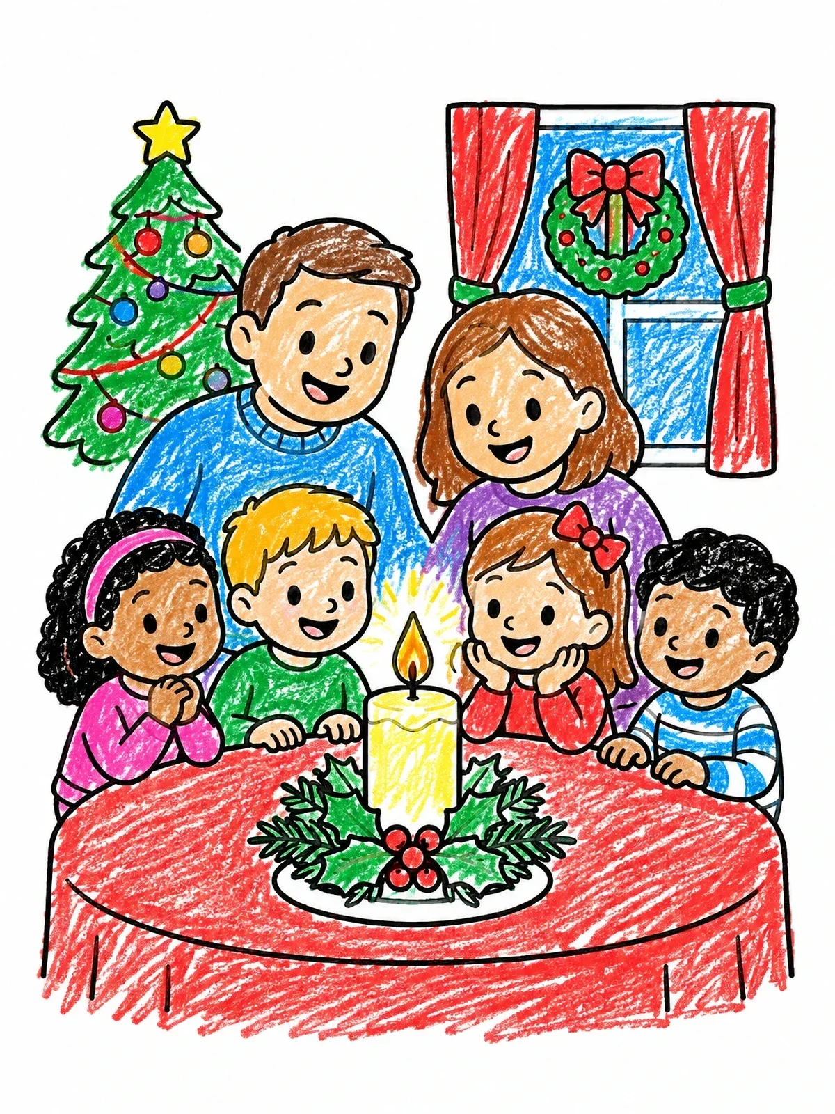 Colored example of the Family Around The Christmas Candle coloring page