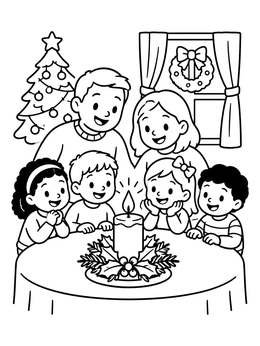 Free printable Family Around The Christmas Candle coloring page