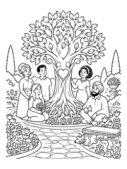 A diverse family gathers around a tree of life coloring page in a sunny garden.