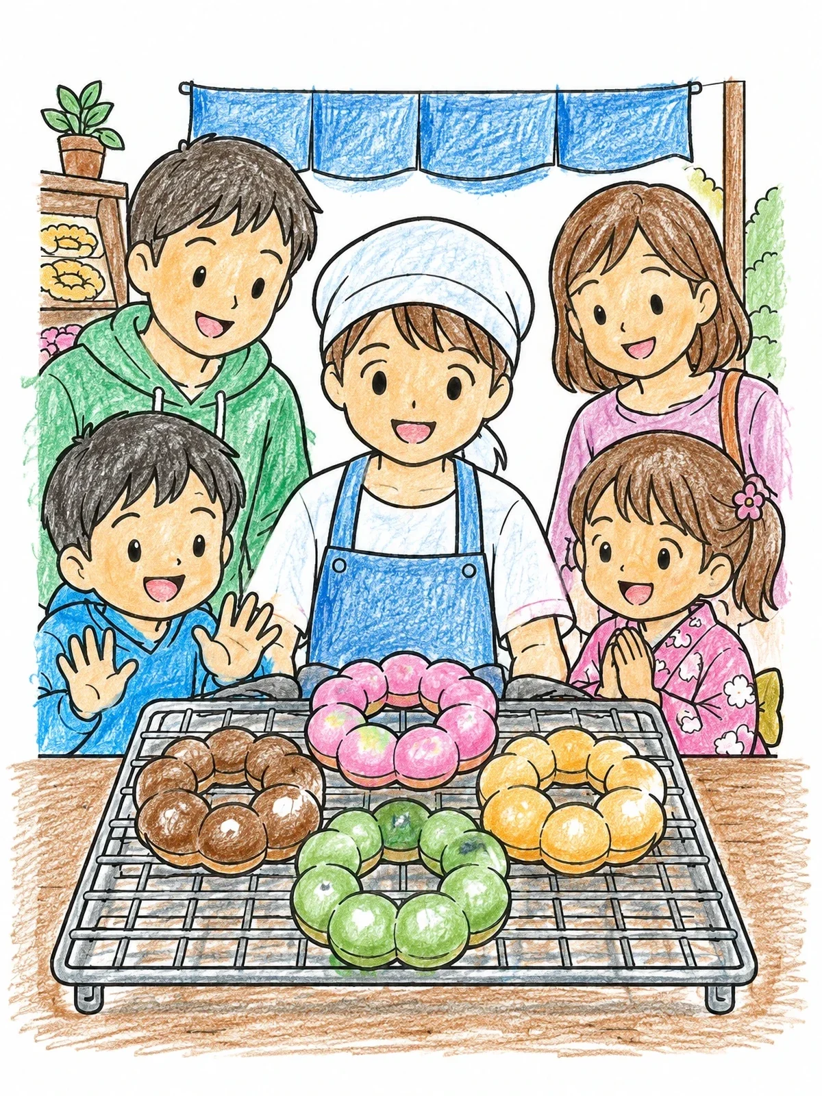 Colored example of the Family Bakery With Fresh Mochi Donuts coloring page