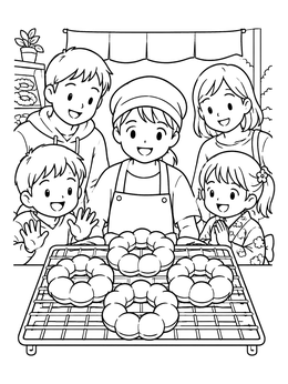 Free printable Family Bakery With Fresh Mochi Donuts coloring page