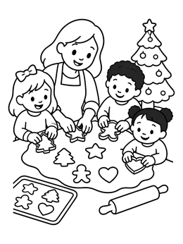 Kids cutting dough shapes on this festive christmas cookie coloring page.